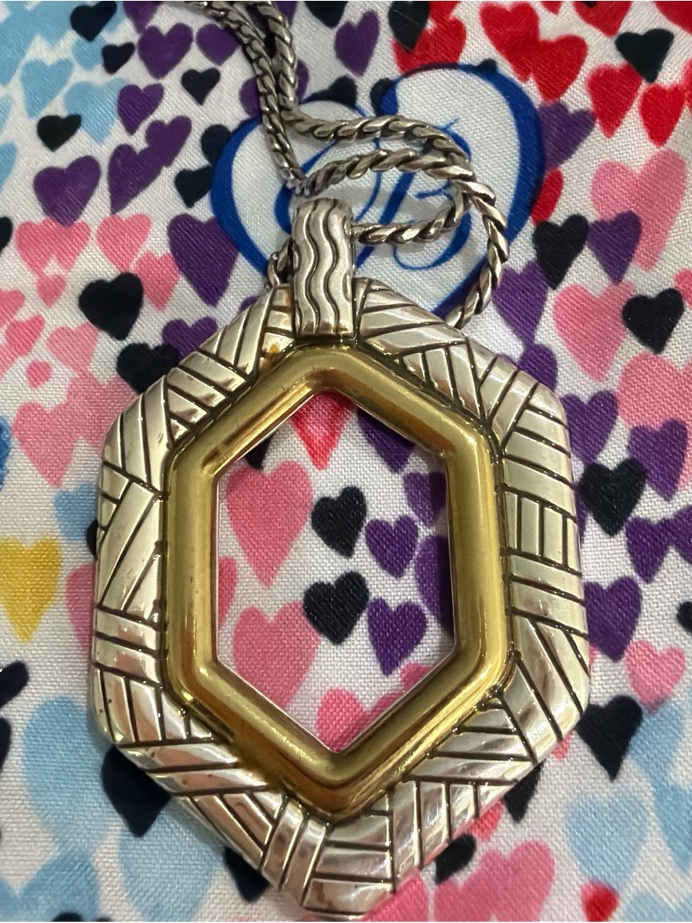 Brighton ACOMA Silver Open Hexagon Gold Center Pendant Convert Necklace
& Bag